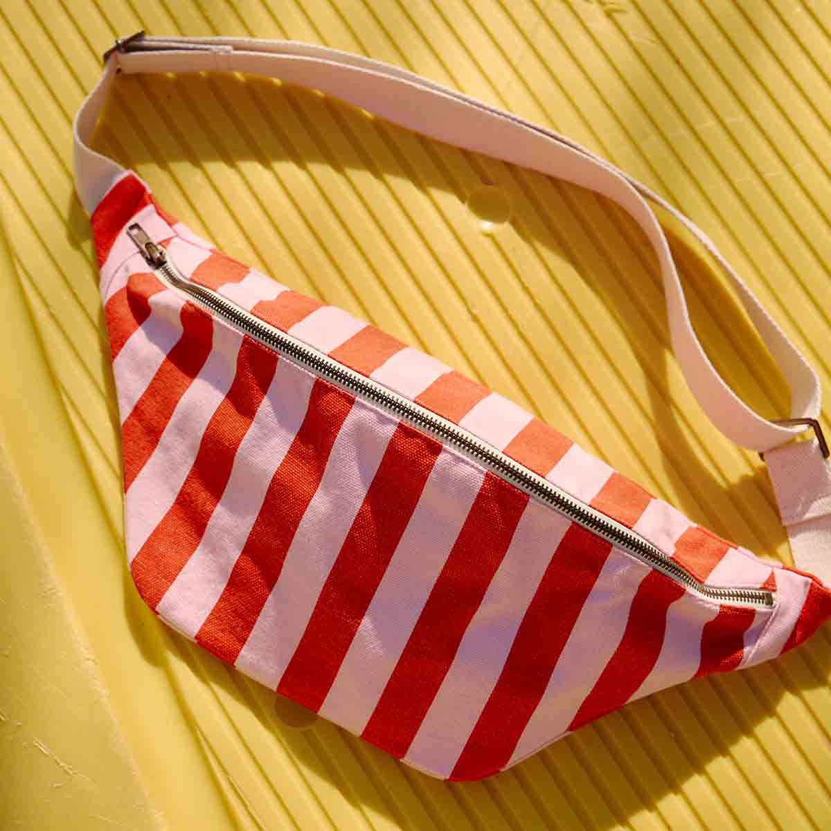 Cotton Cross Body Bag / Fanny Pack | Tomato Red & Pink Stripes