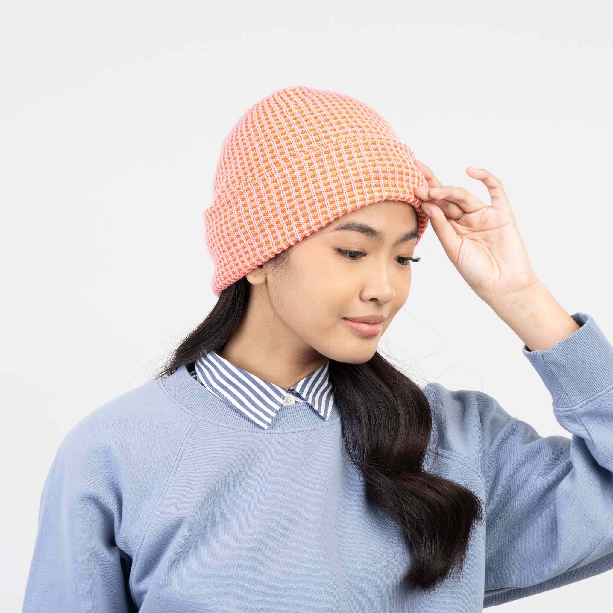 Simple Grid Knit Beanie | Coral Pink