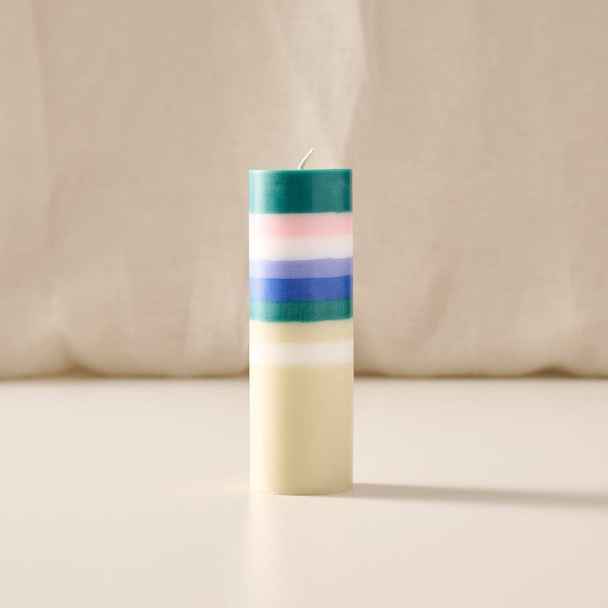 Rayi Short Stripe Palm Wax Pillar Candle | Blue