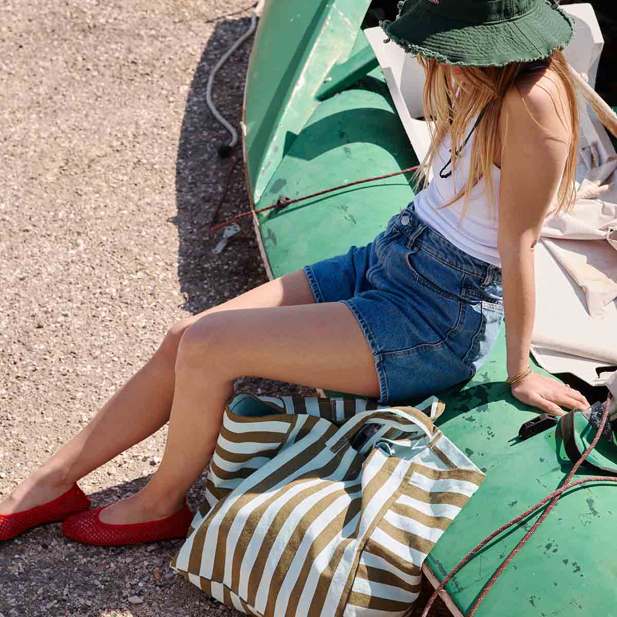 Elisa Tote Bag | Aqua & Olive Stripes