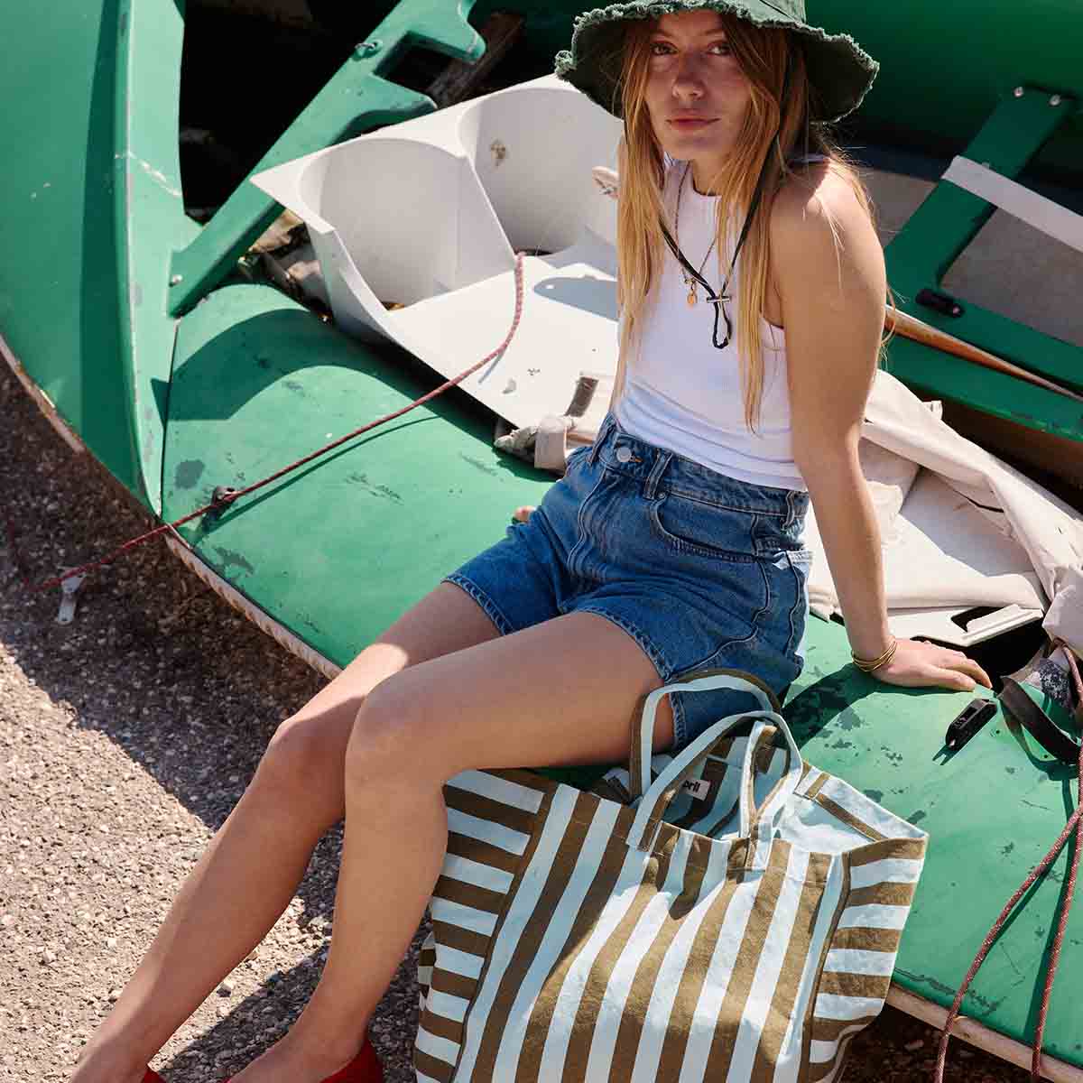 Elisa Tote Bag | Aqua & Olive Stripes