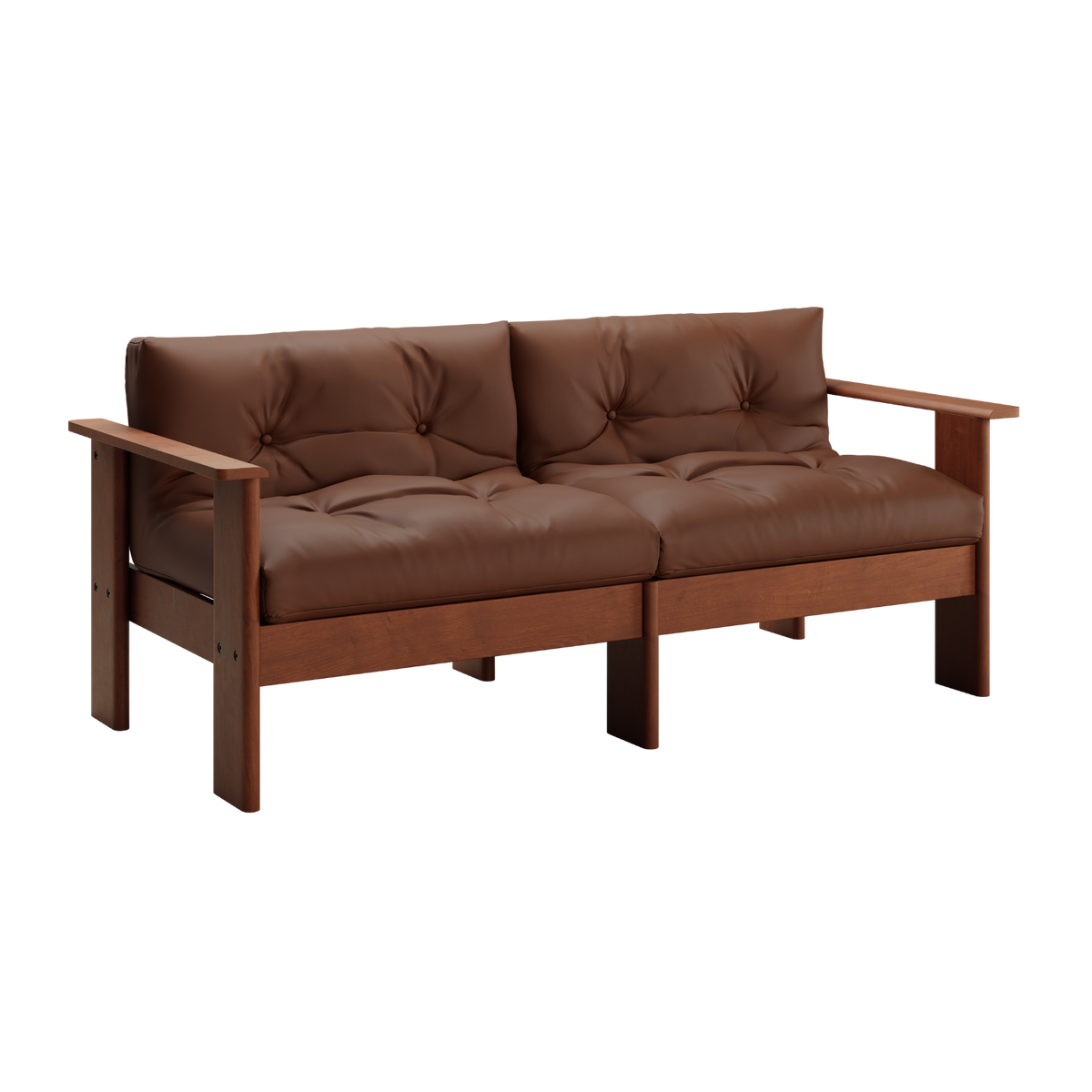 Brown leather sofa with wooden frame on a white background