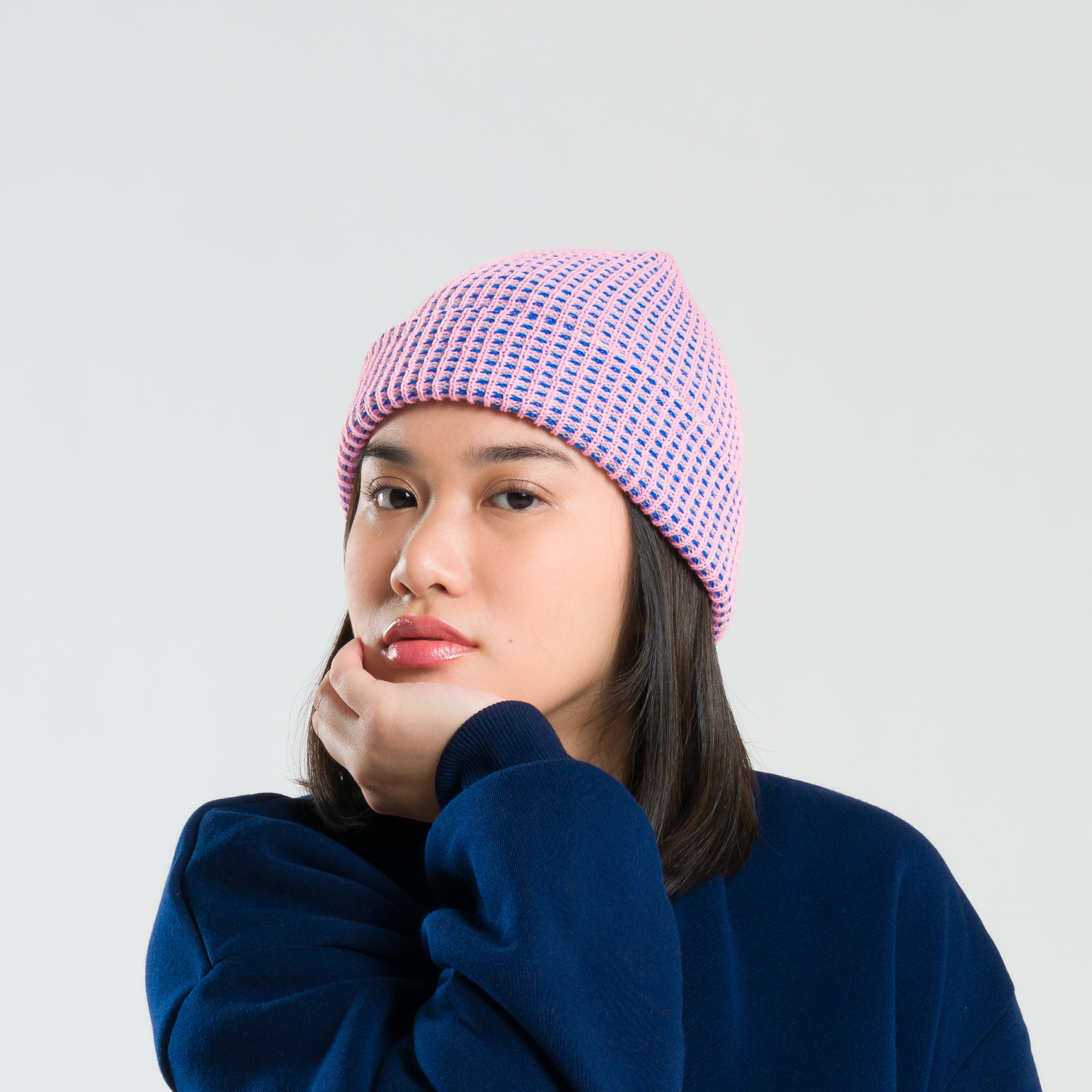 Grid Knit Beanie - Pink