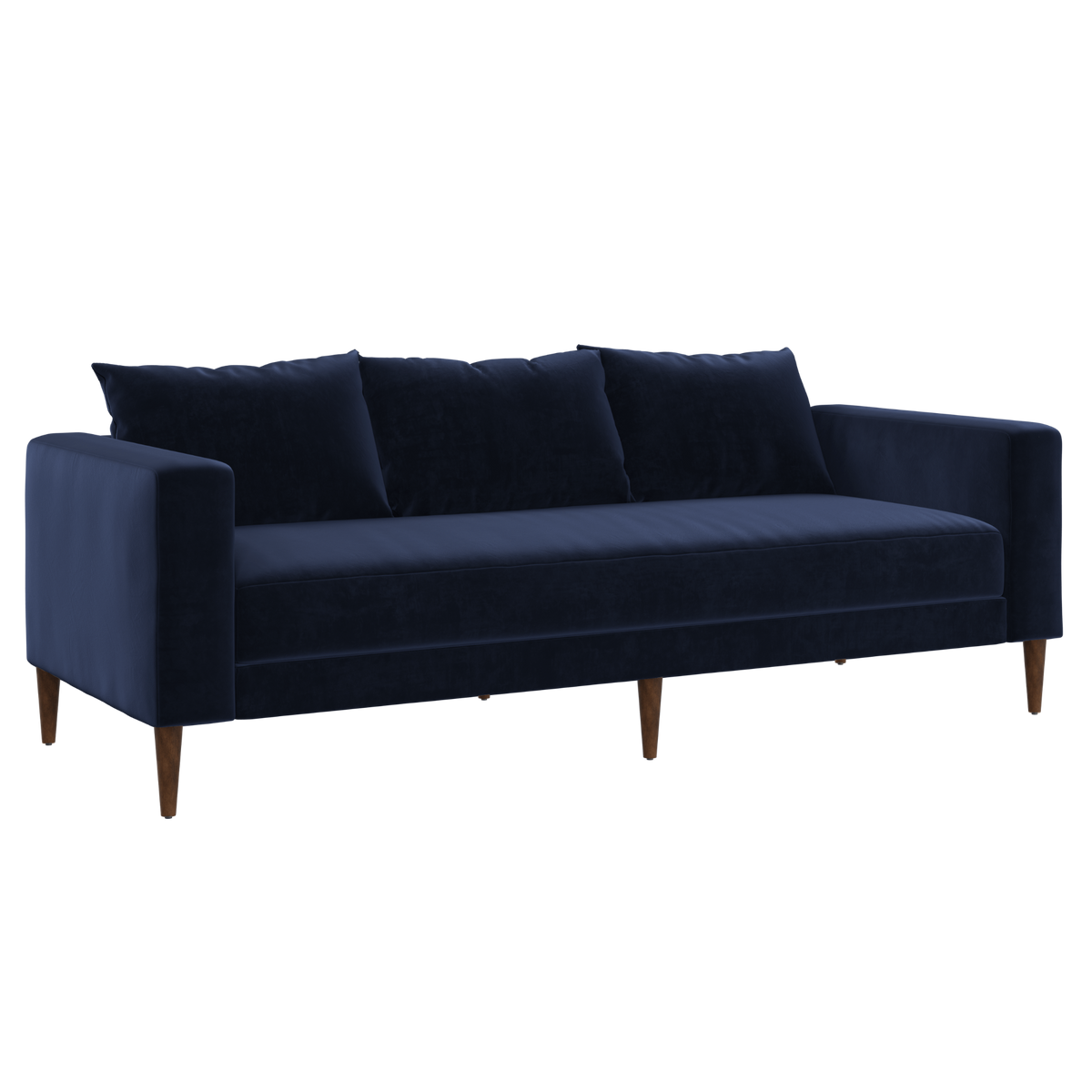 Blue sofa with wooden legs on a transparent background