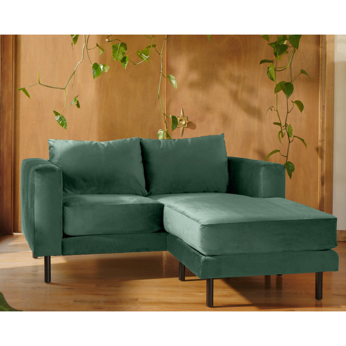 Green sectional sofa in a room with wooden floor and wall, and plants.