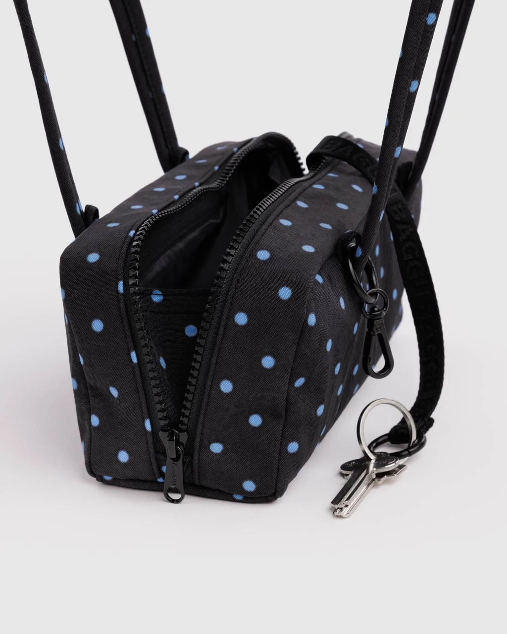 Small Nylon Bowler Bag | Black and Sky Blue Micro Dot