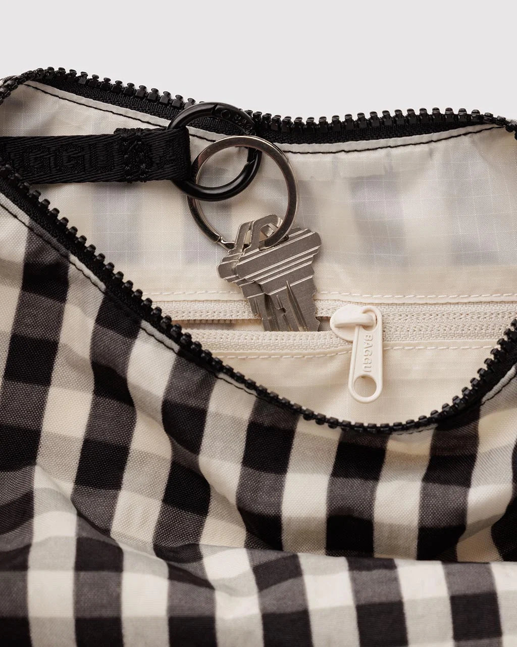 Small Nylon Crescent Bag | Black And Cream Gingham