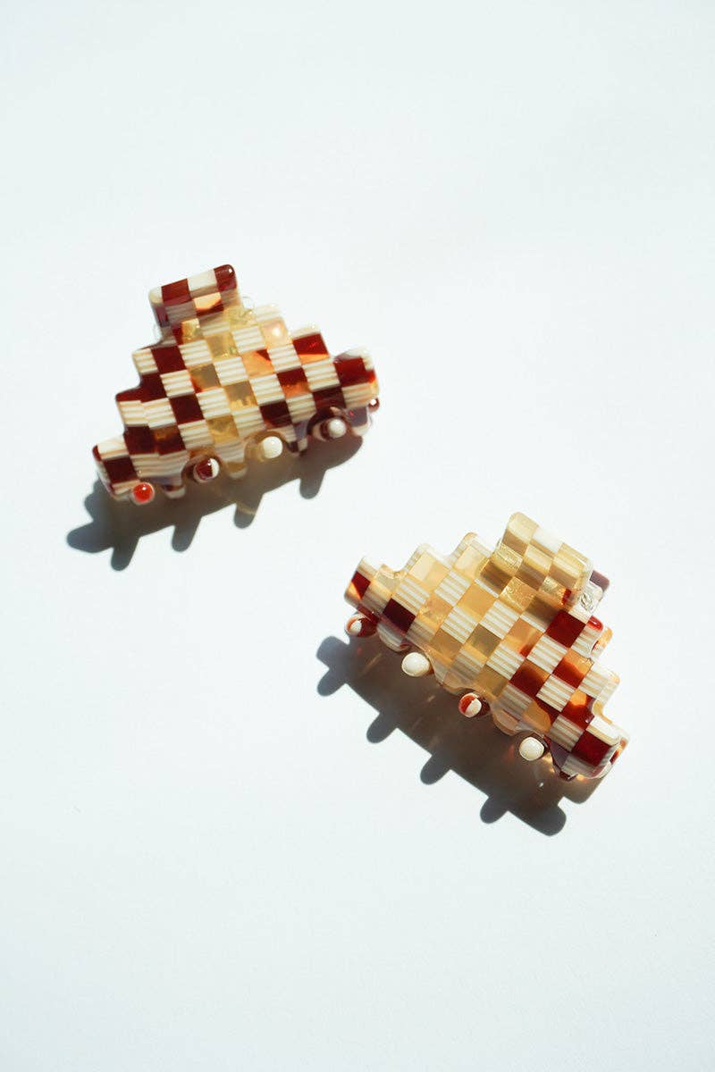 Small Pyramid Hair Claw: Brown Check