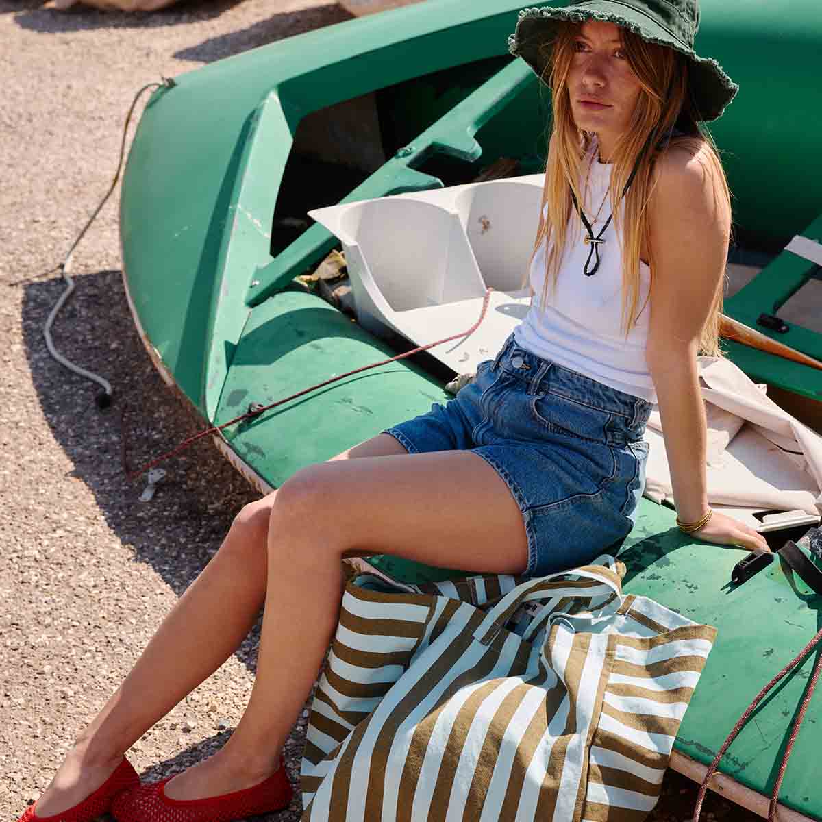 Elisa Tote Bag | Aqua & Olive Stripes
