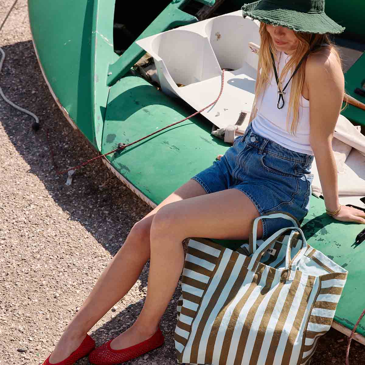 Elisa Tote Bag | Aqua & Olive Stripes