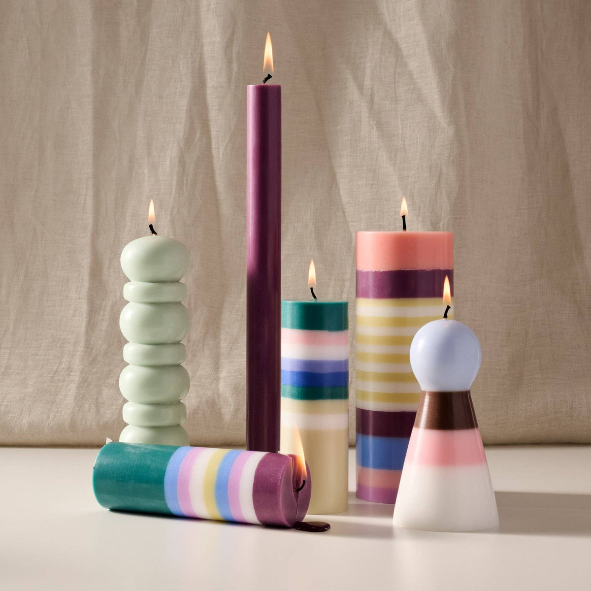 Rayi Short Stripe Palm Wax Pillar Candle | Blue