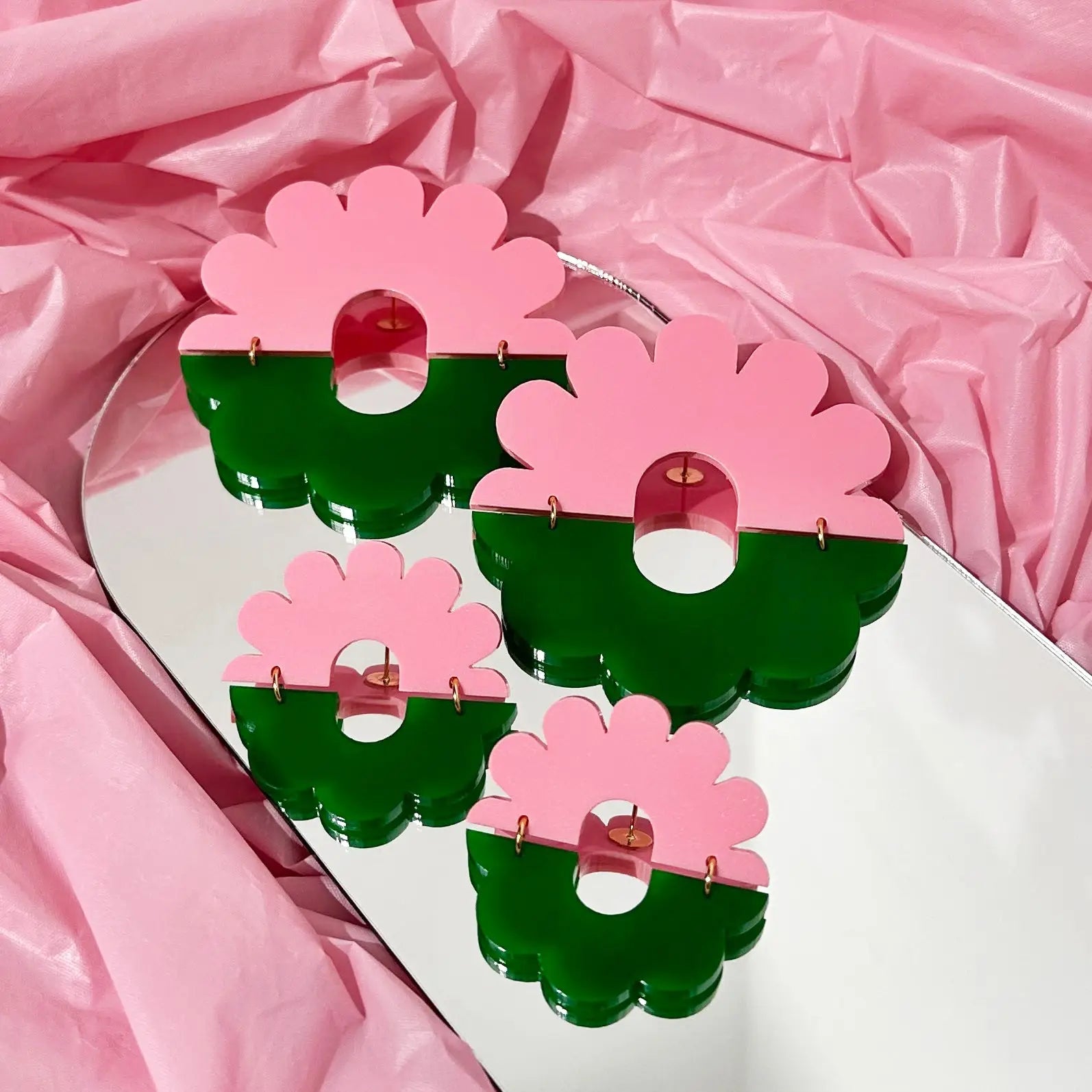 Flourish Duo Studs Large | Green + Pink