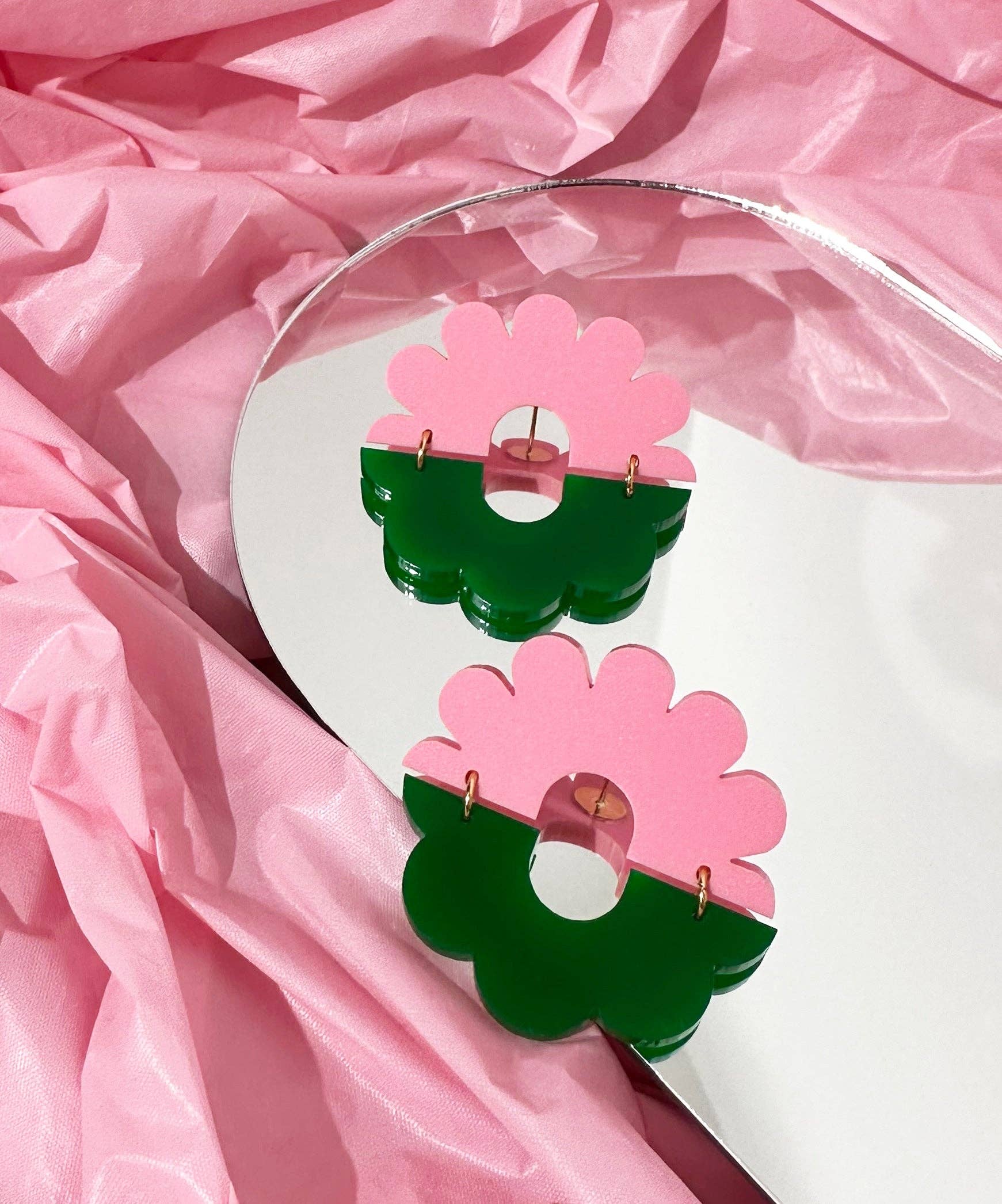 Flourish Duo Studs Small | Green + Pink
