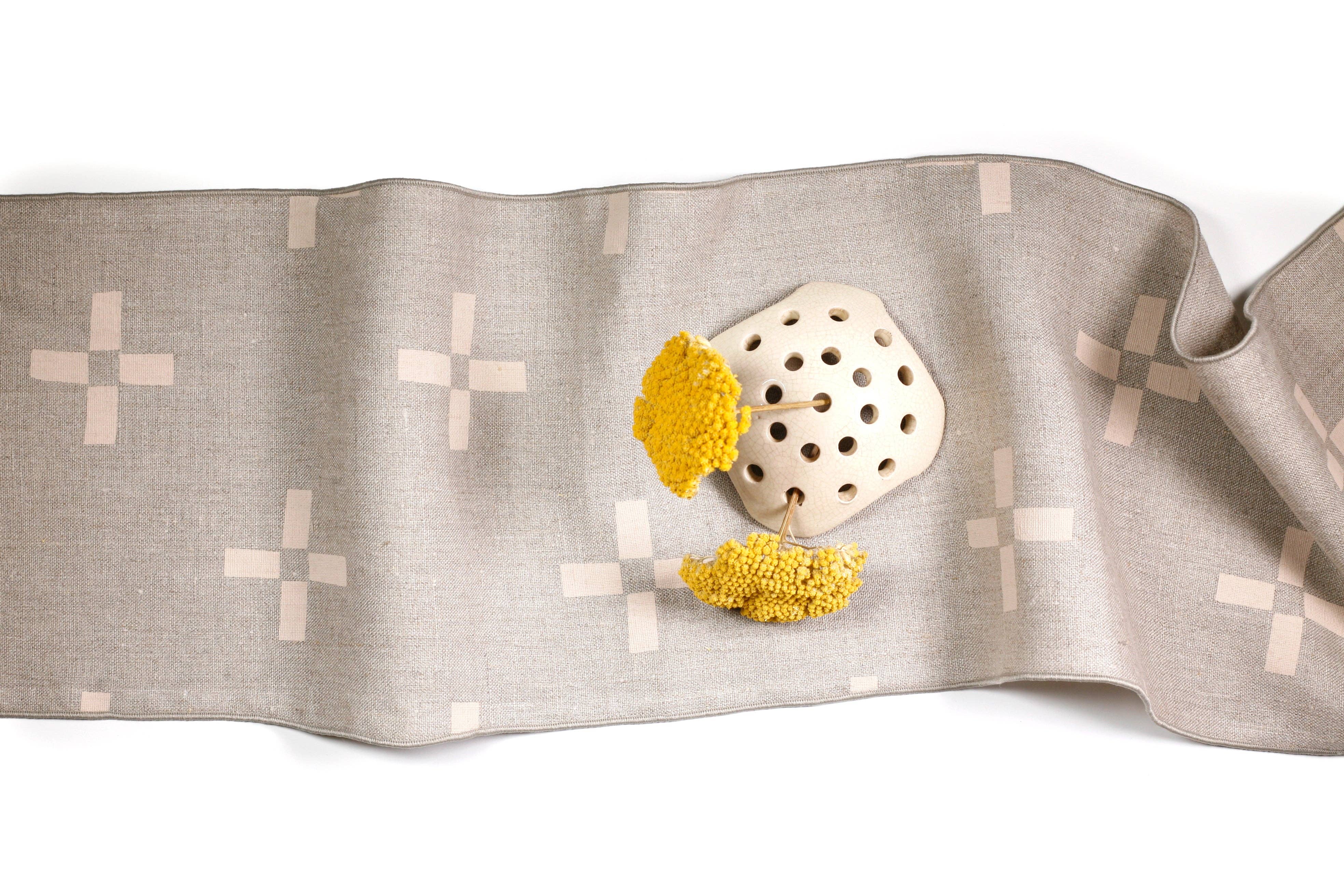 Hand-Printed Table Runner in Cream on Natural linen