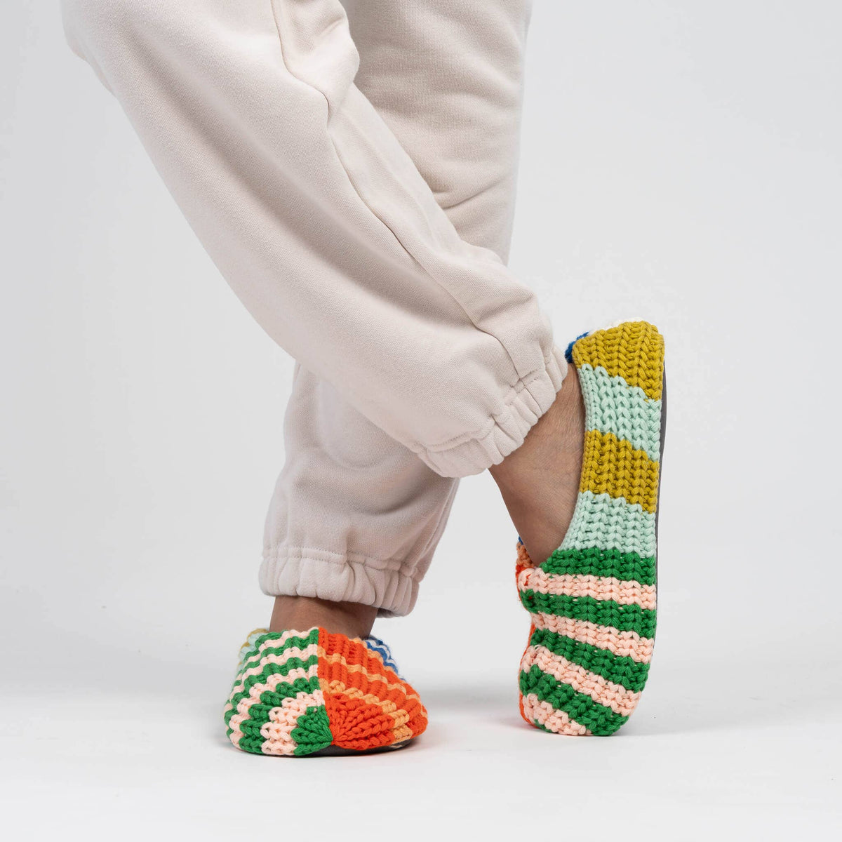 Patchwork Stripe Rib Slippers | Rainbow | M/L