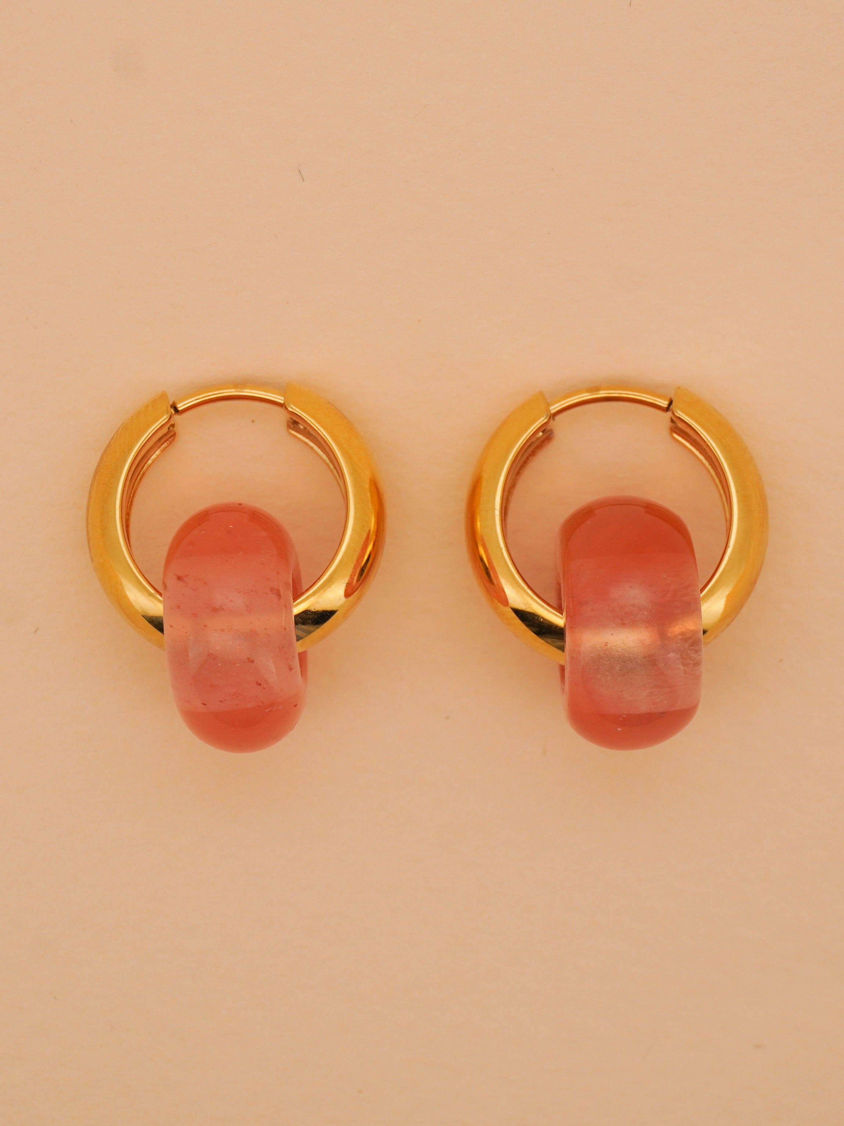 Peach Quartz Stone Hoops | Gold-Plated
