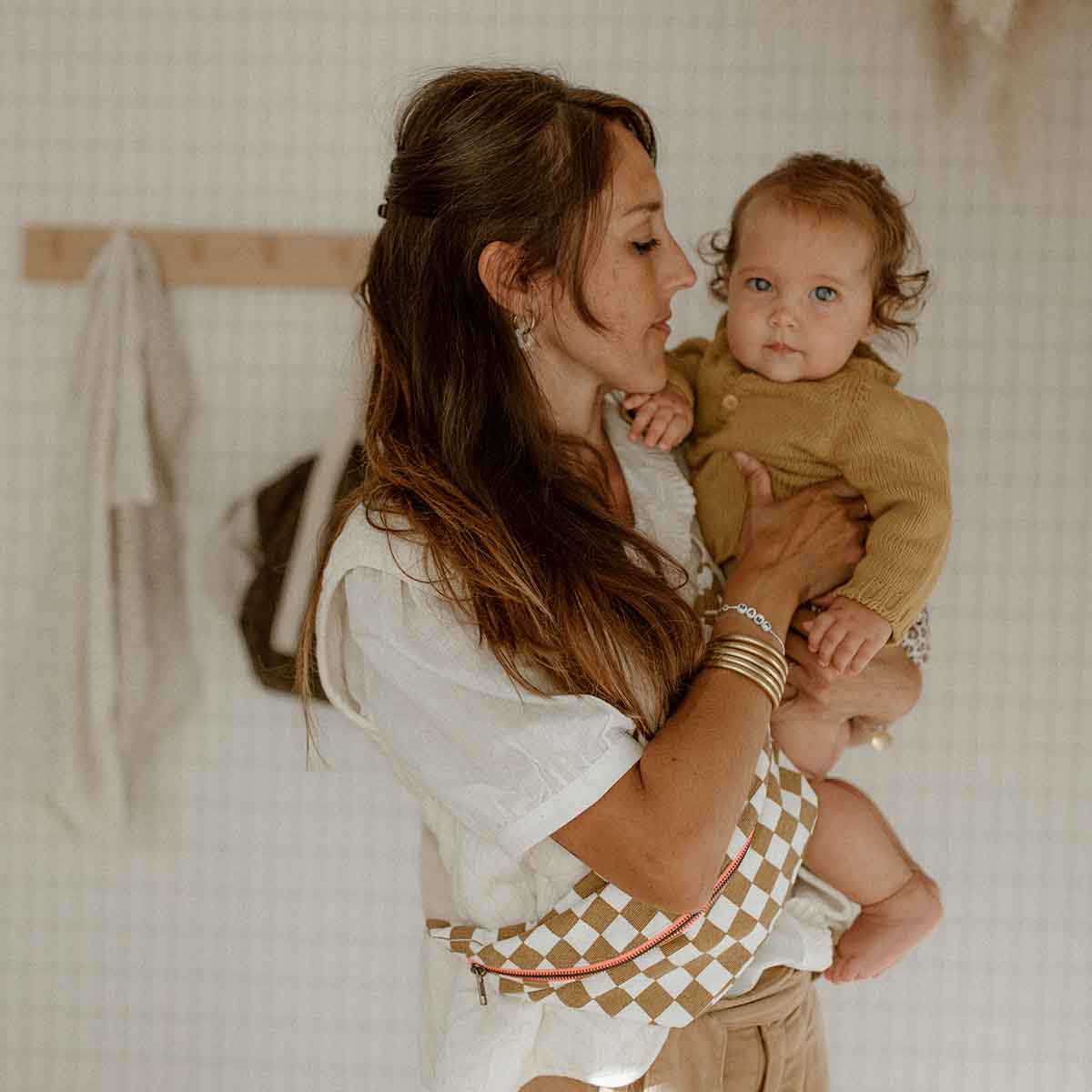 Cotton Cross Body Bag / Fanny Pack | Caramel Checkerboard