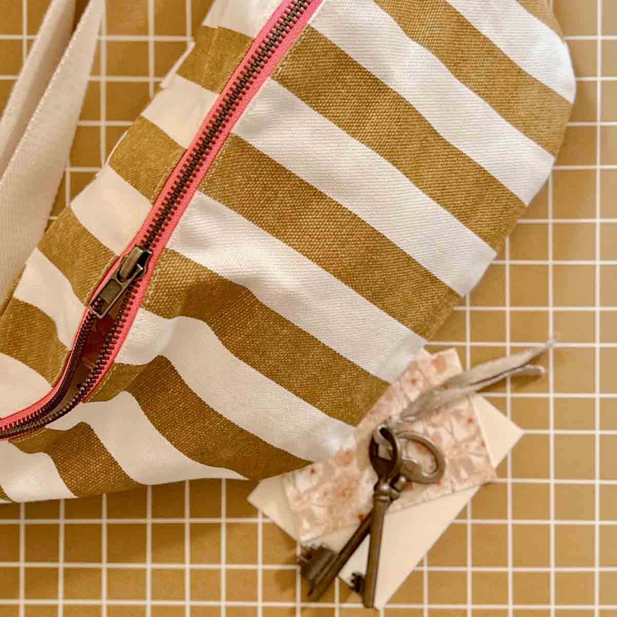 Cotton Cross Body Bag / Fanny Pack | Caramel and White Stripes