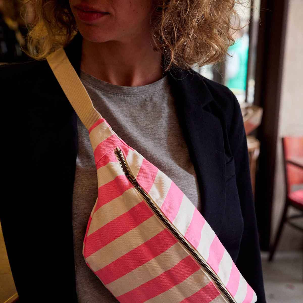 Cotton Cross Body Bag / Fanny Pack | Neon Pink and White Stripes