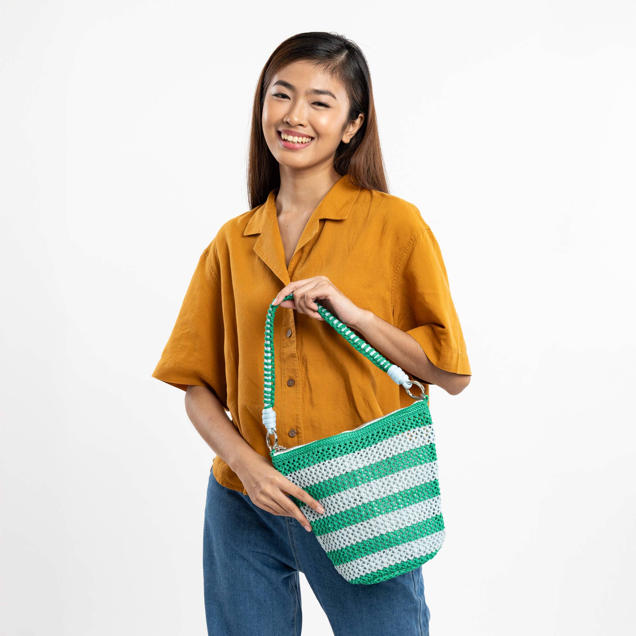 Stripe Raffia Zip Bag | Kelly Stone Blue