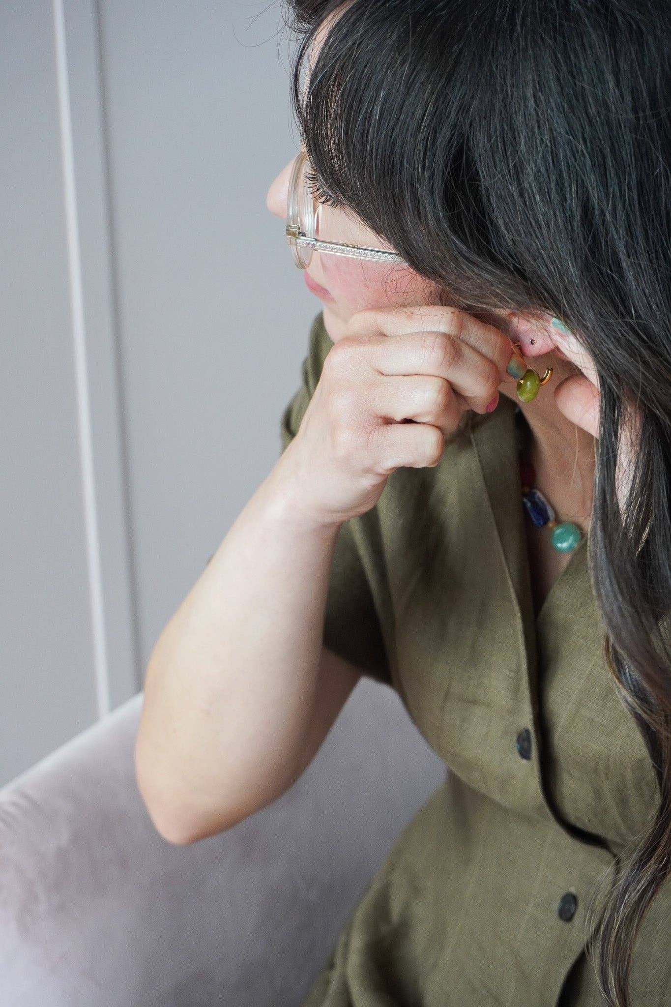 Olive Jade Stone Hoops | Stainless Steel