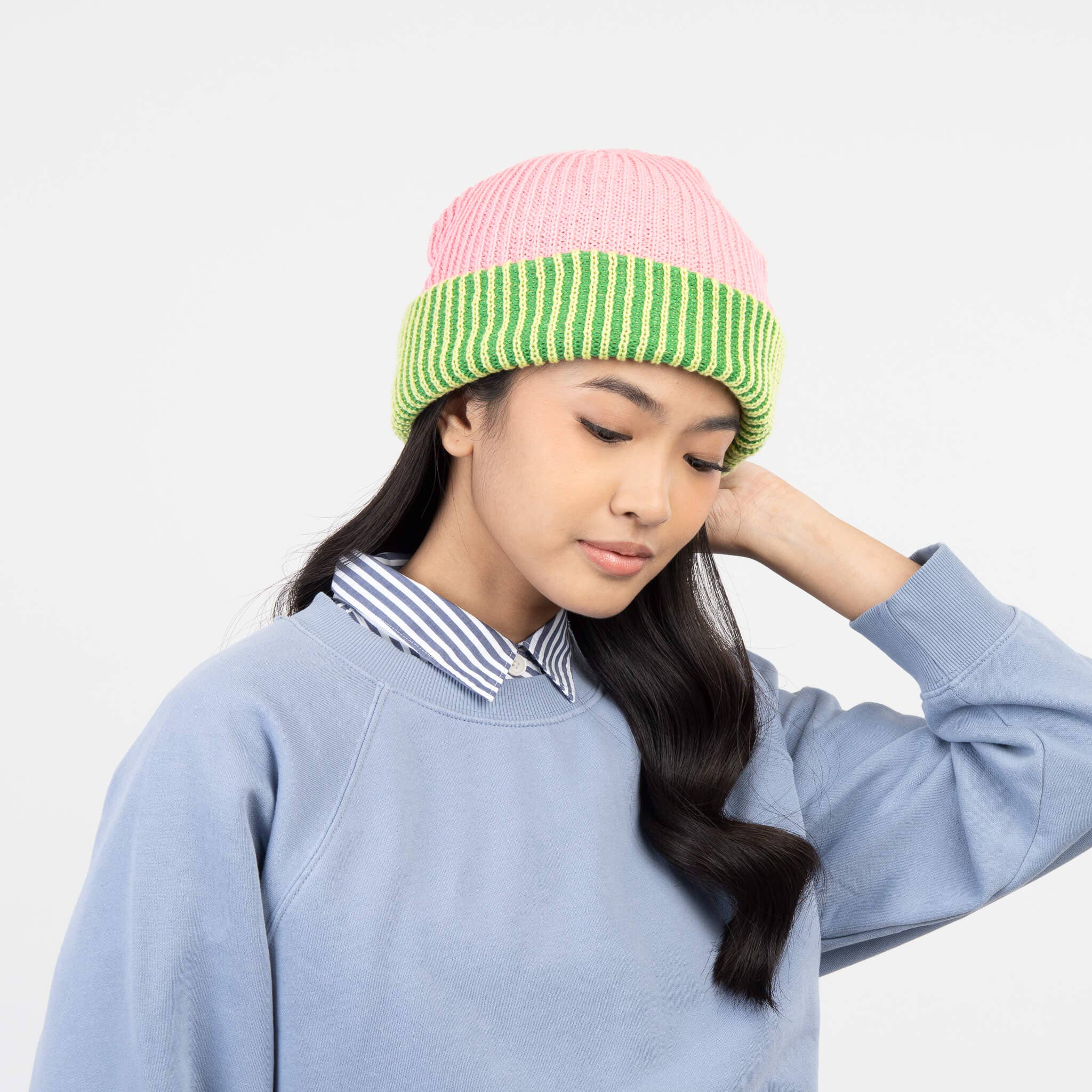 Stripe Cuff Plush Beanie | Pink Lime