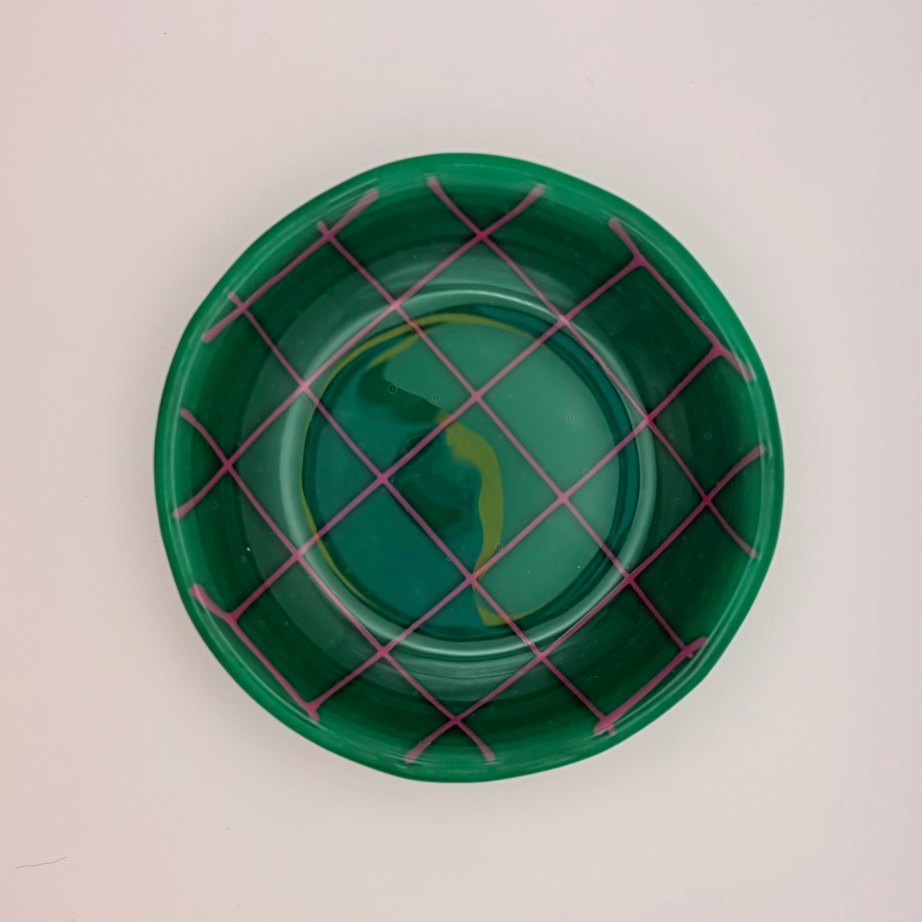 Medium Round Glass Dish | Green Grid