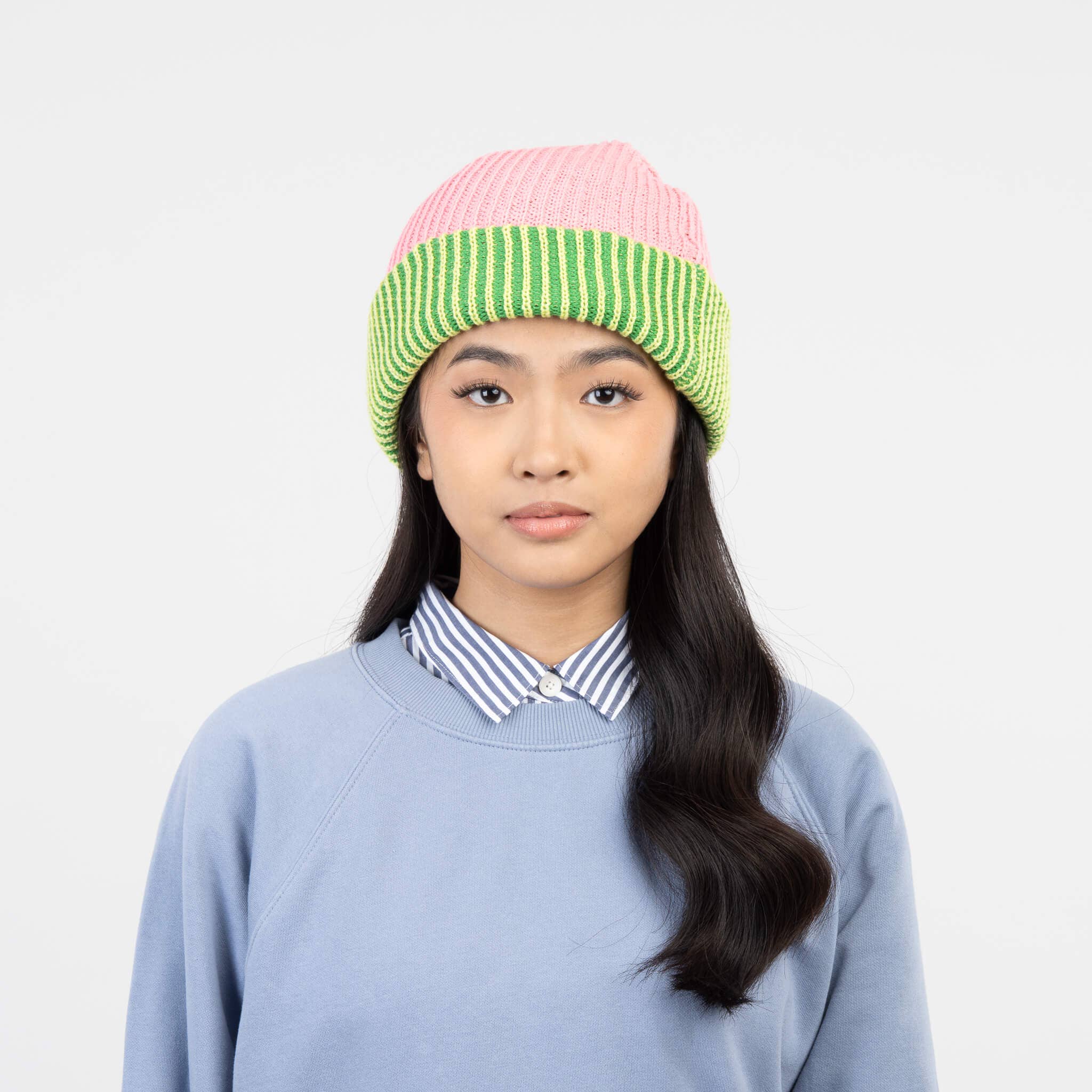 Stripe Cuff Plush Beanie | Pink Lime