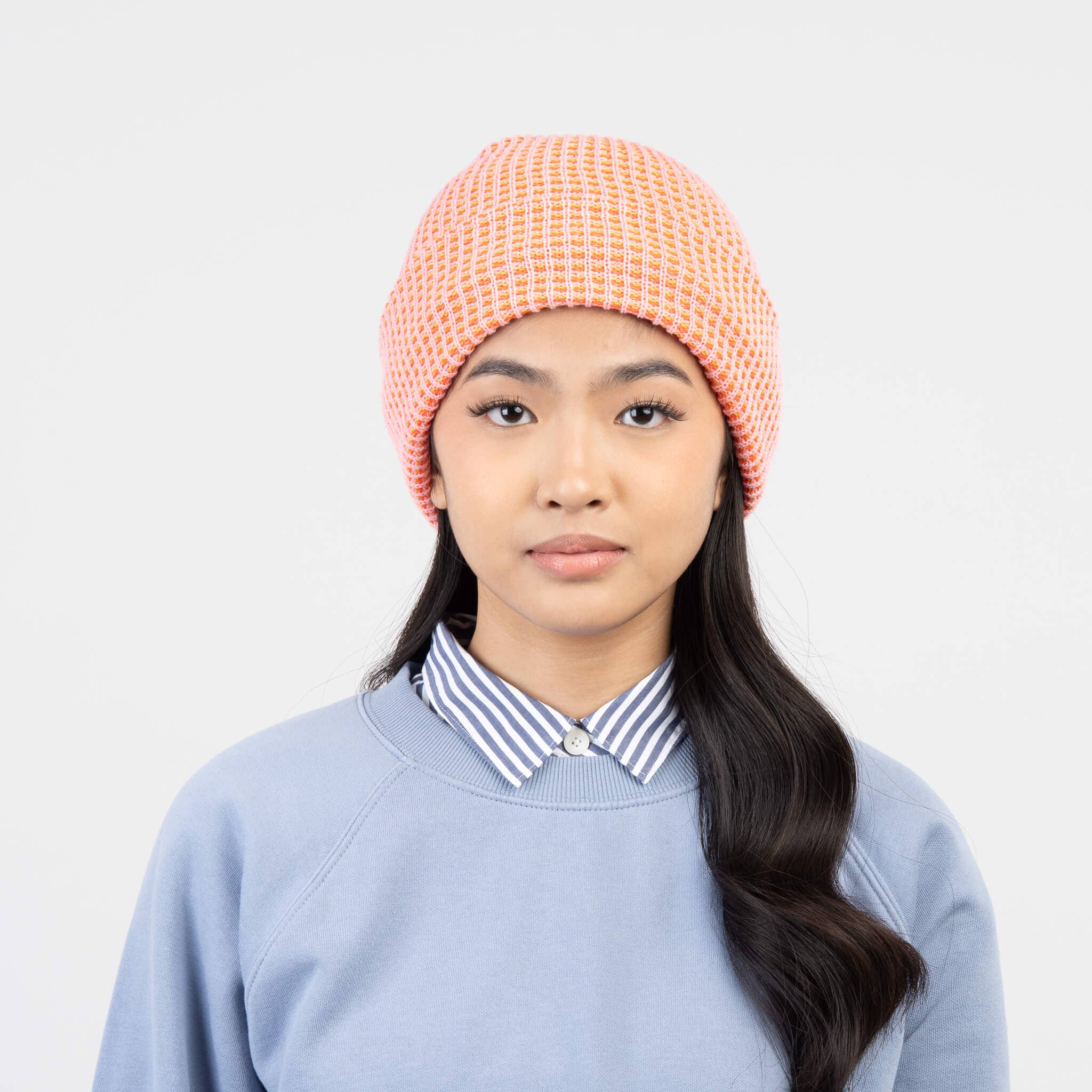 Simple Grid Knit Beanie | Coral Pink