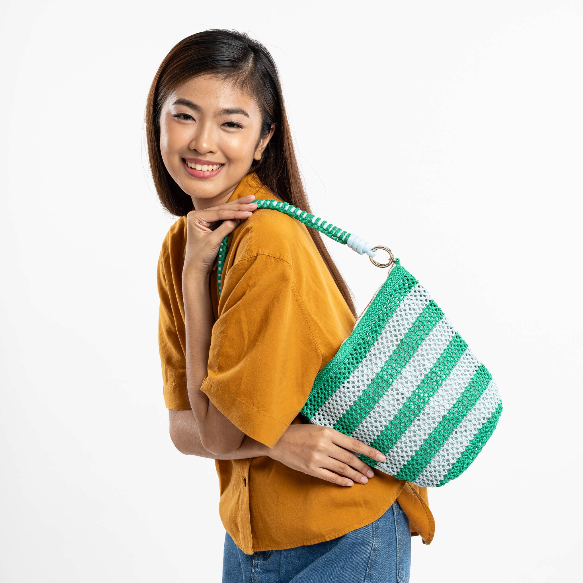 Stripe Raffia Zip Bag | Kelly Stone Blue