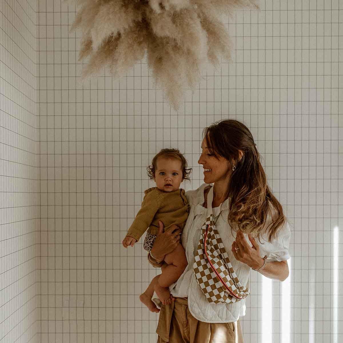 Cotton Cross Body Bag / Fanny Pack | Caramel Checkerboard