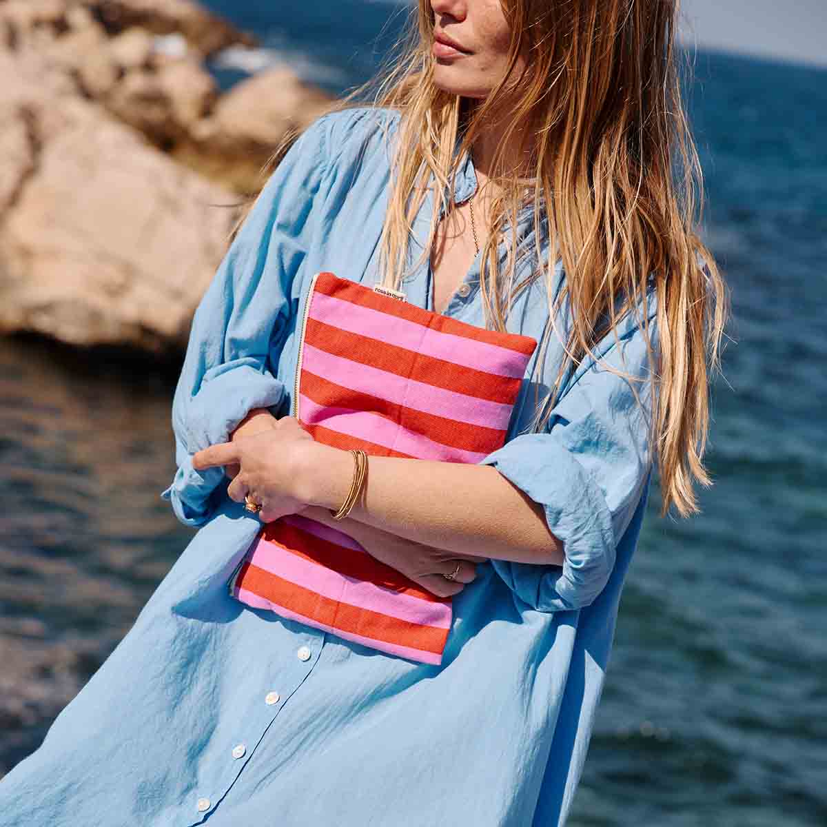 Lili Flat Pouch | Orchid & Tomato Stripes