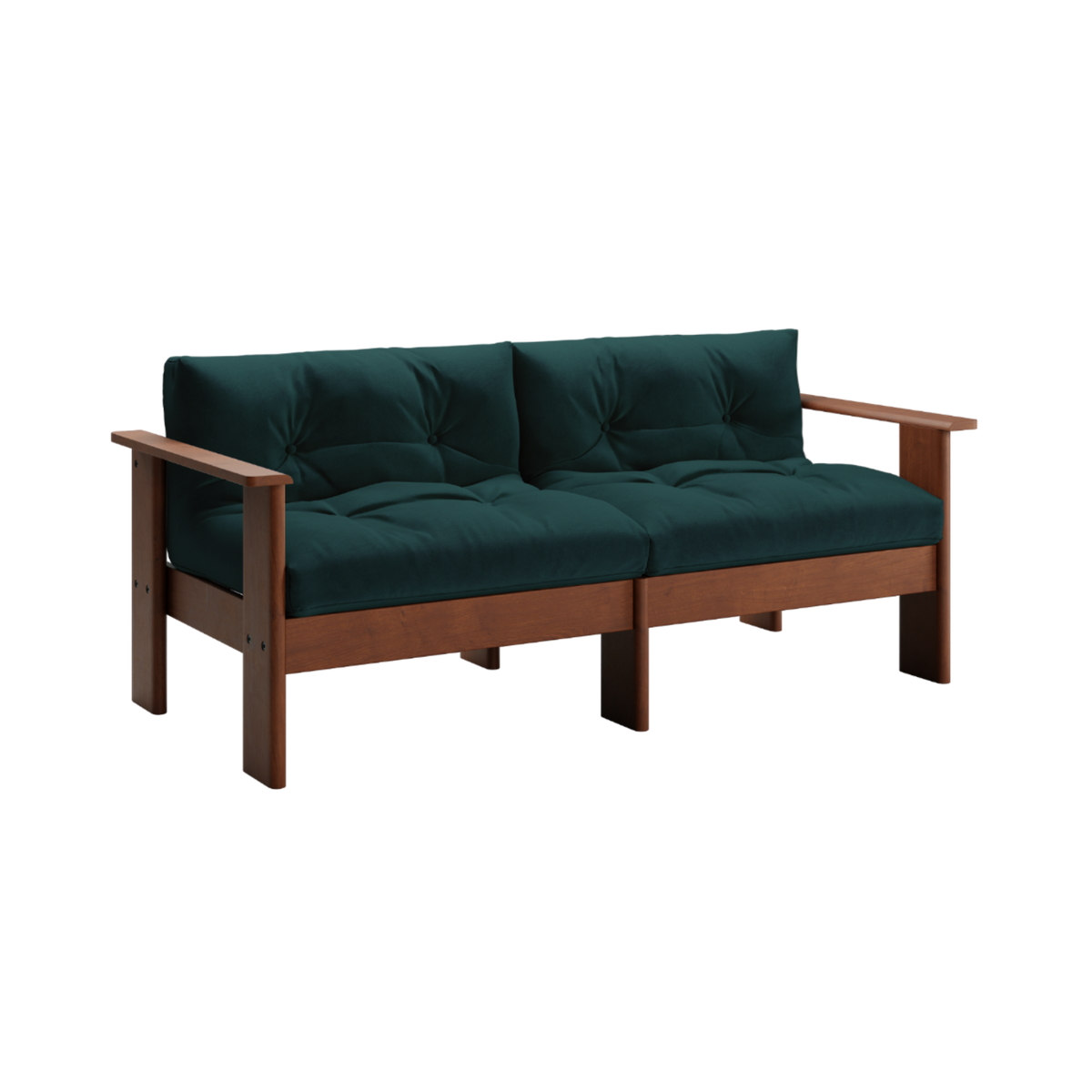 Sofa with green cushions and wooden frame on a white background