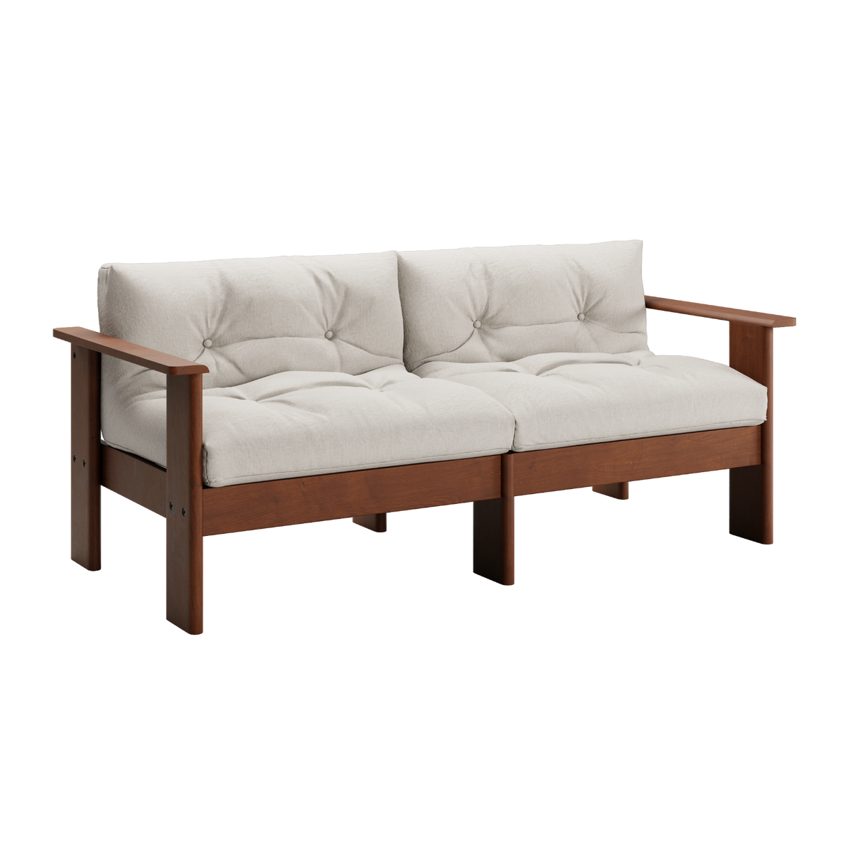 Wooden sofa with white cushions on a white background