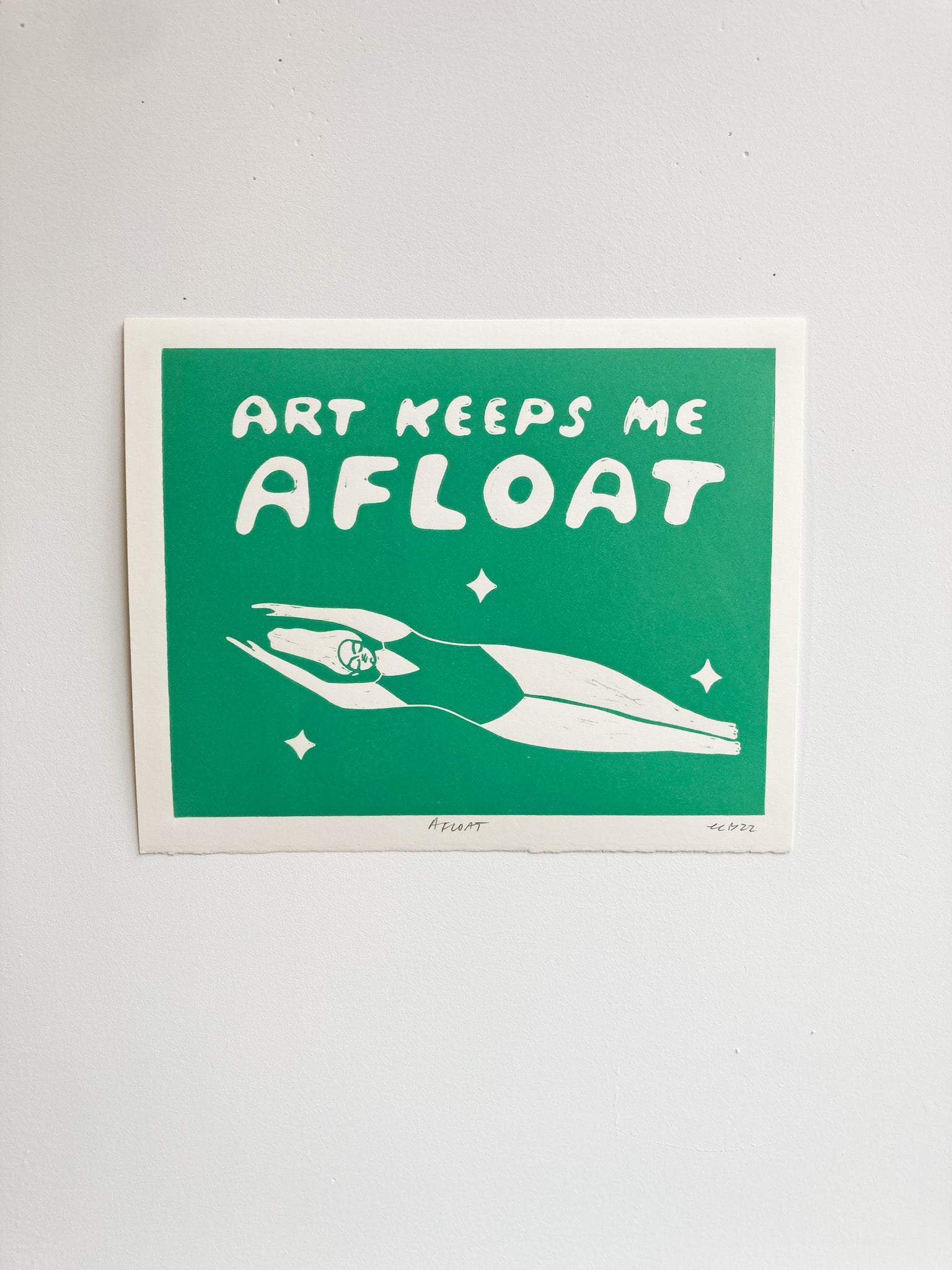 8”x10” Handprinted Blockprint: Art Keeps Me Afloat in Minty Green