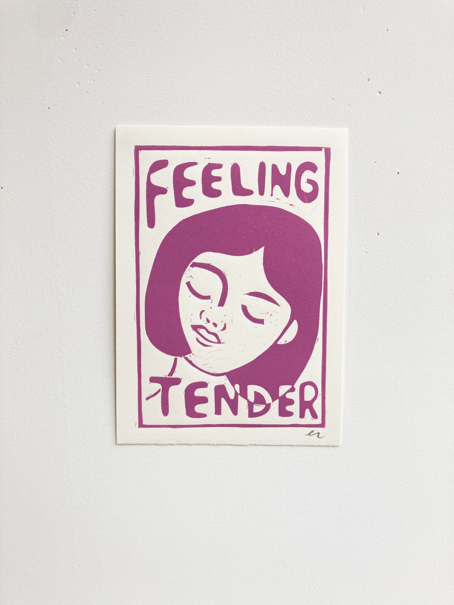 5”x7” Handprinted Blockprint: “Feeling Tender” in Purple