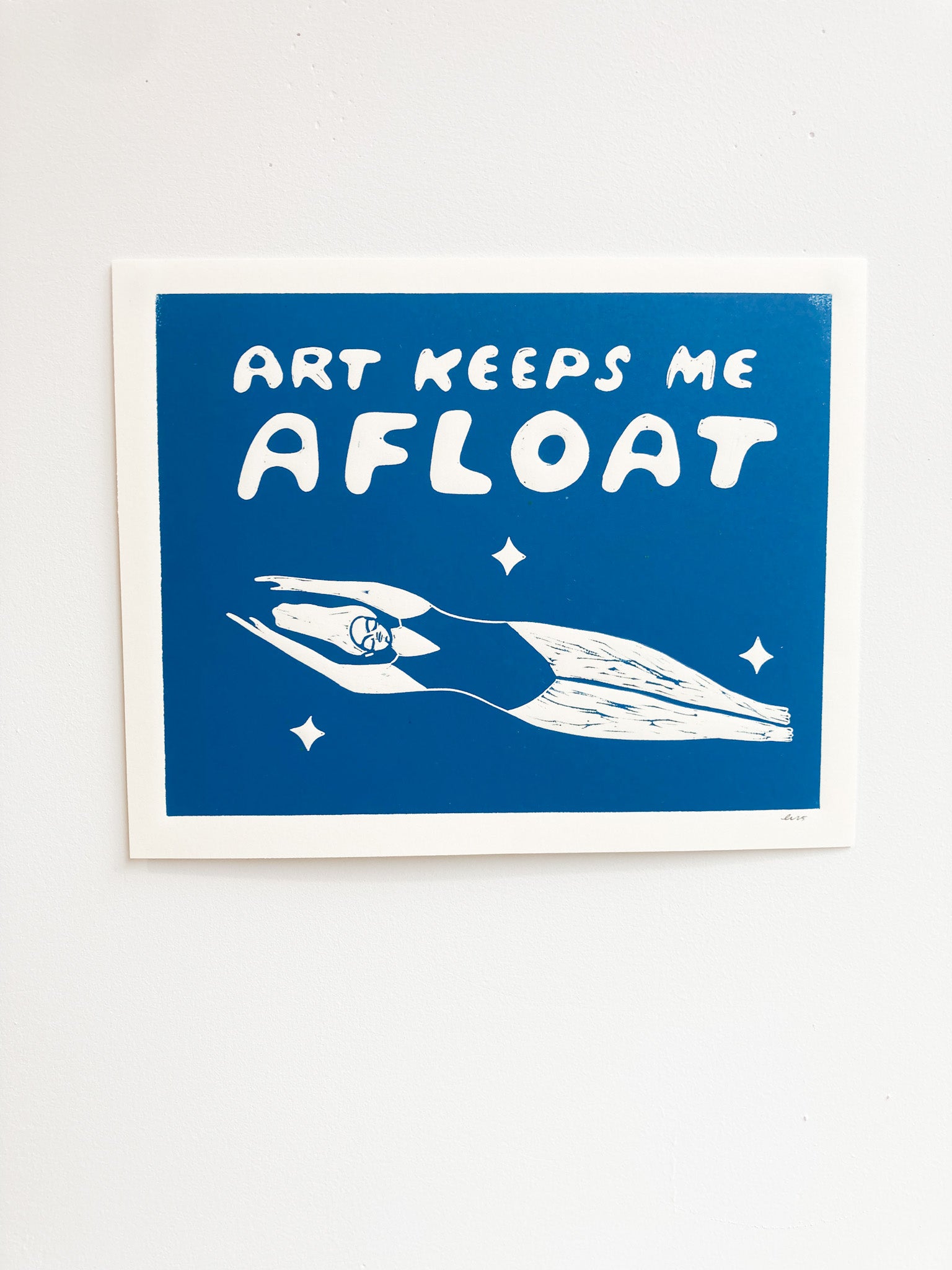 8”x10” Handprinted Blockprint: Art Keeps Me Afloat in Blue