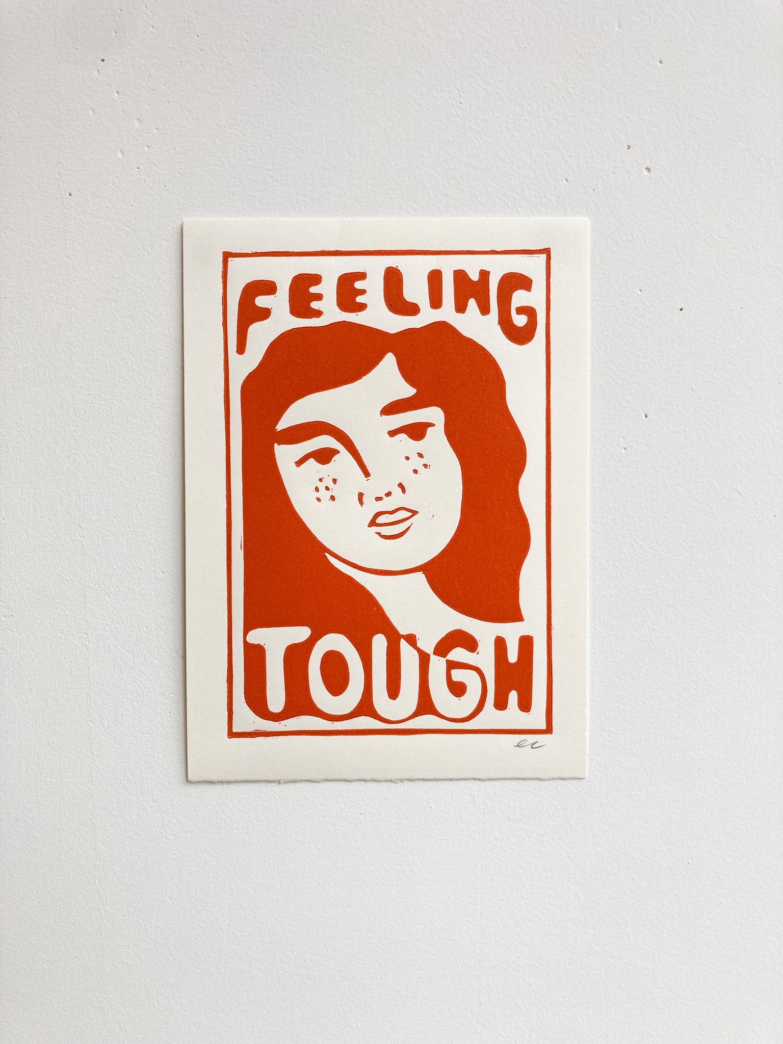 5”x7” Handprinted Blockprint: “Feeling Tough” in Red