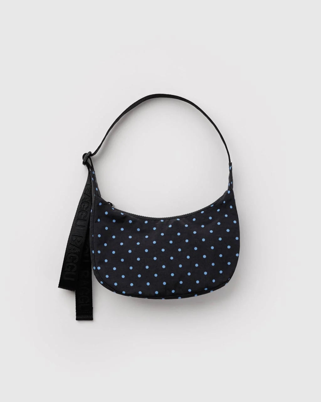 Small Nylon Crescent Bag | Black and Sky Blue Micro Dot