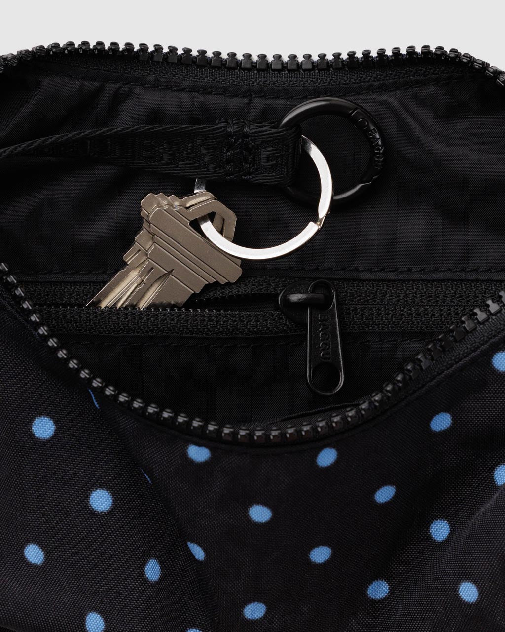Small Nylon Crescent Bag | Black and Sky Blue Micro Dot