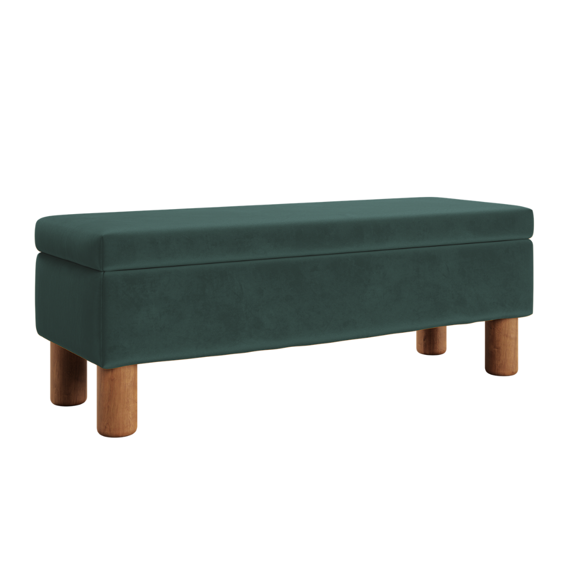 Green upholstered bench with wooden legs on a white background