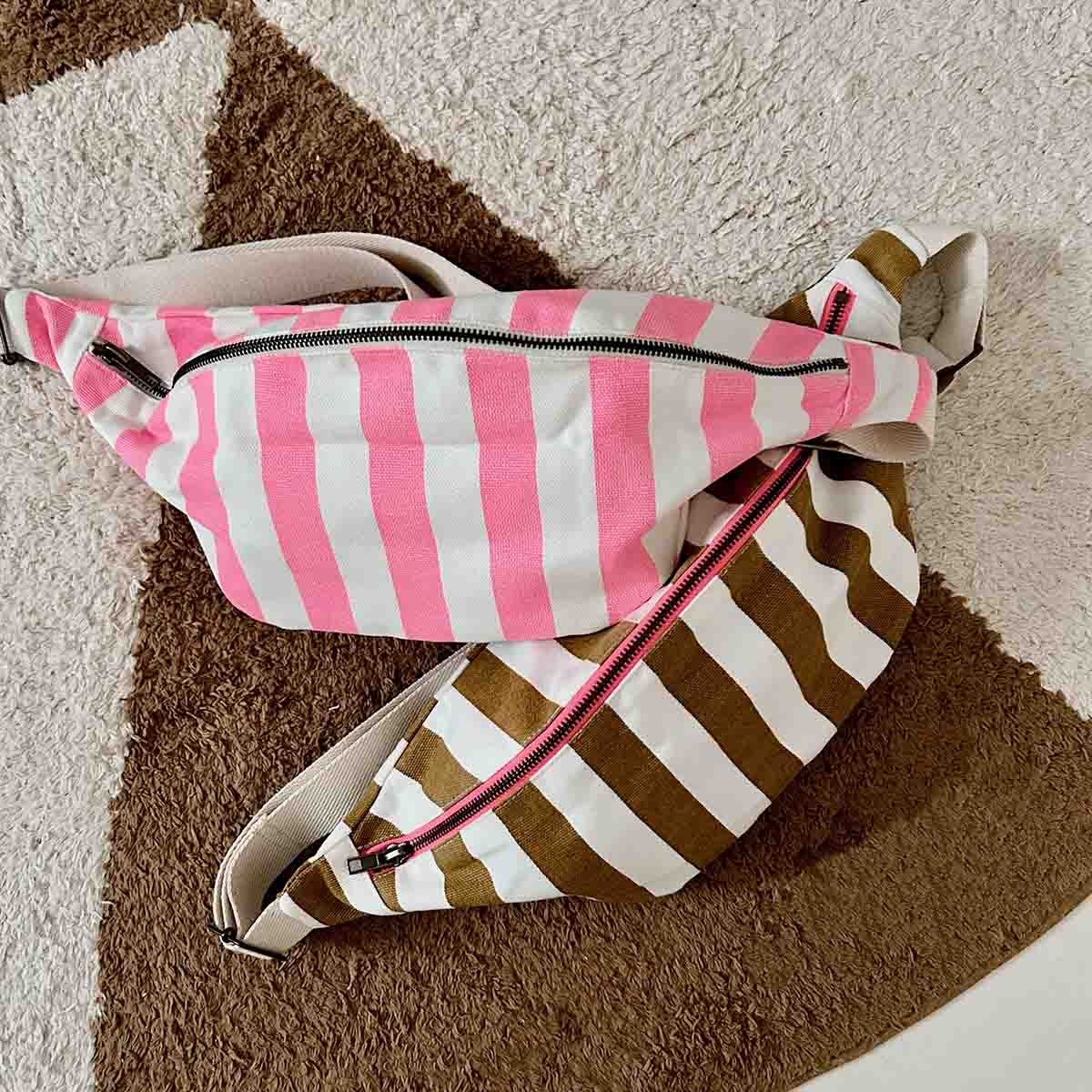 Cotton Cross Body Bag / Fanny Pack | Neon Pink and White Stripes