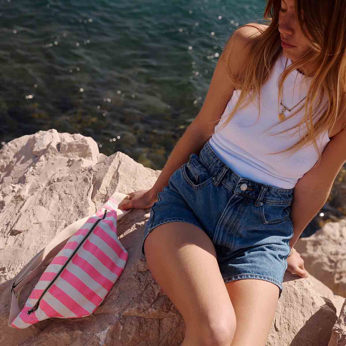 Cotton Cross Body Bag / Fanny Pack | Neon Pink and White Stripes
