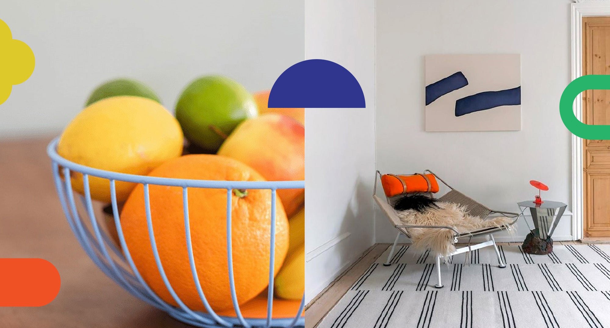 Bowl with oranges and interior home with fur on chair and stripe rug