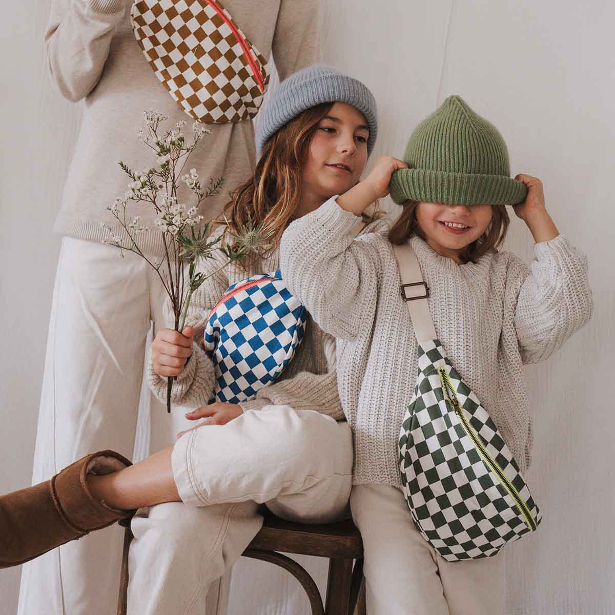 Cotton Cross Body Bag / Fanny Pack | Caramel Checkerboard