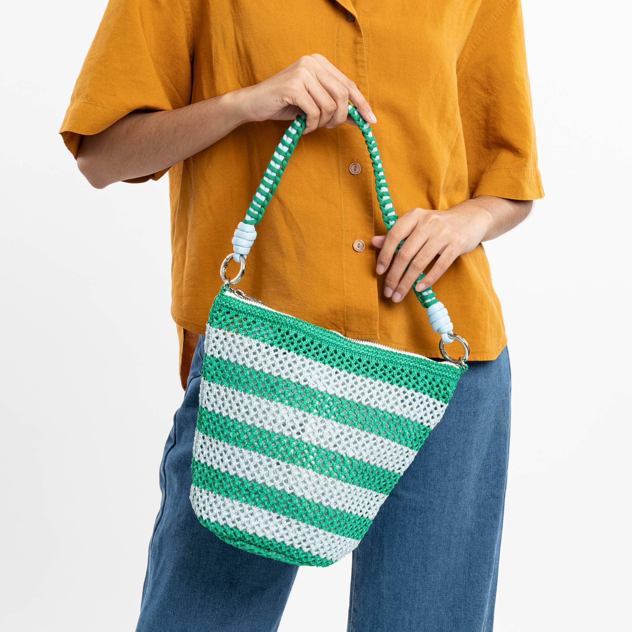 Stripe Raffia Zip Bag | Kelly Stone Blue