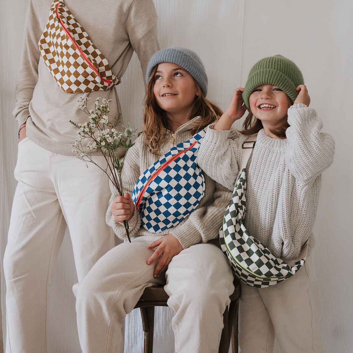 Cotton Cross Body Bag / Fanny Pack | Caramel Checkerboard